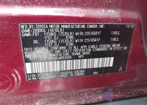 2020 Toyota Rav4 Le из США, поврежденный, VIN 2T3F1RFV8LW093008